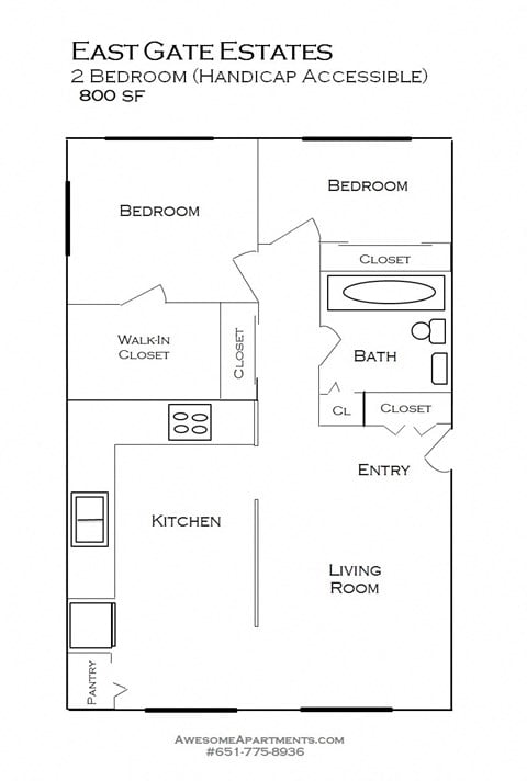 Floor plan for 2 beds, 1 bath, 800 sqft